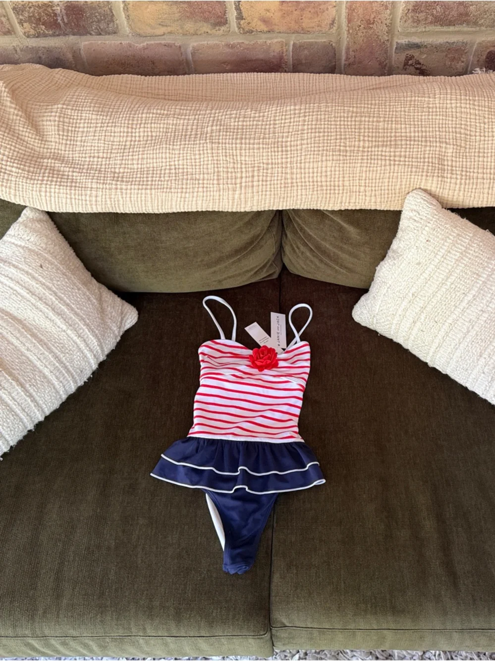 Janie and Jack Red & Navy Striped One-Piece Swimsuit with Navy Ruffle